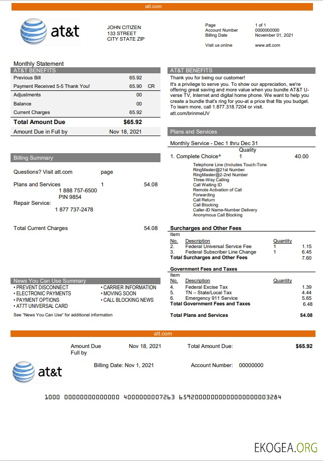 Usa Texas at&t telecommunications utility bill template in word and pdf format template